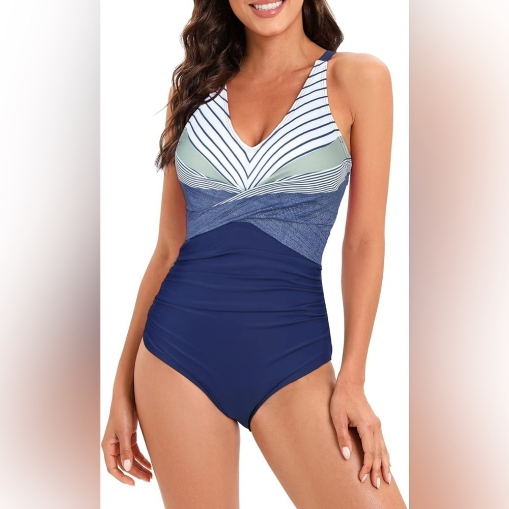 Elegant classic shades of blue cross front 
Ruched sides bathing suit
NWOT